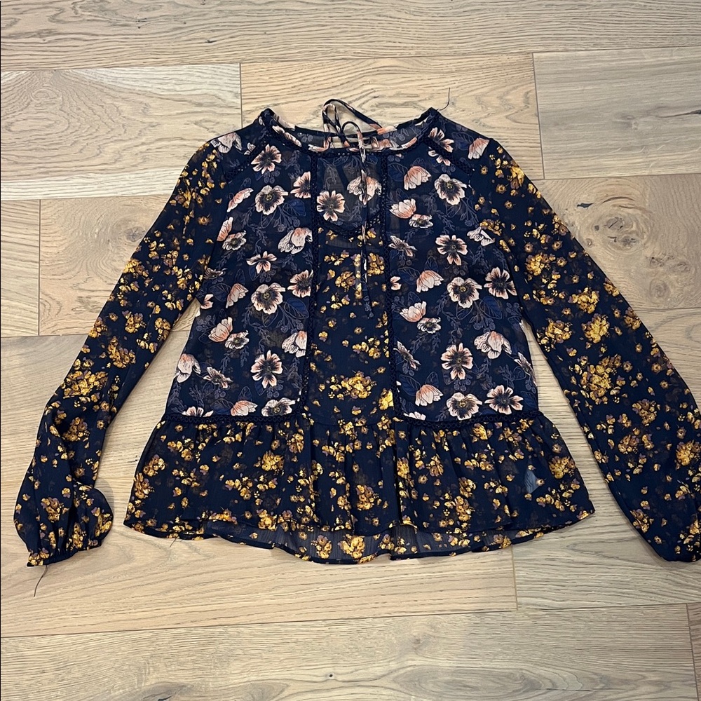 Xhilaration Navy Blue and Gold Floral Blouse